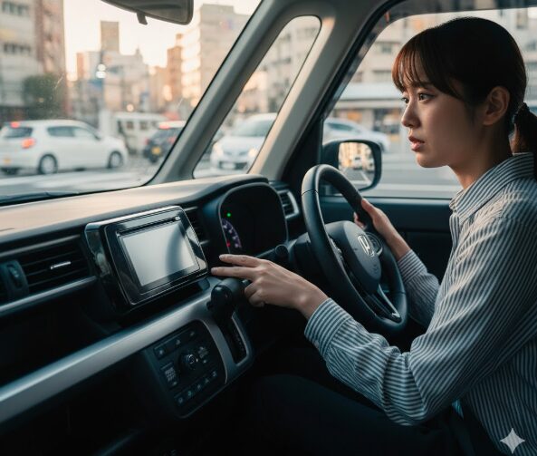 停車中にエンジンがかからず不安そうな表情でプッシュスタートボタンを見つめる日本人女性ドライバーの様子