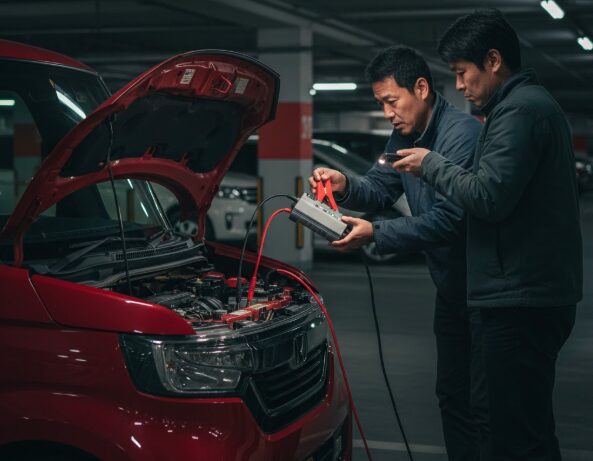 駐車場でバッテリー上がりのN-BOXに対してジャンプスターターでジャンピングスタートを試みている様子