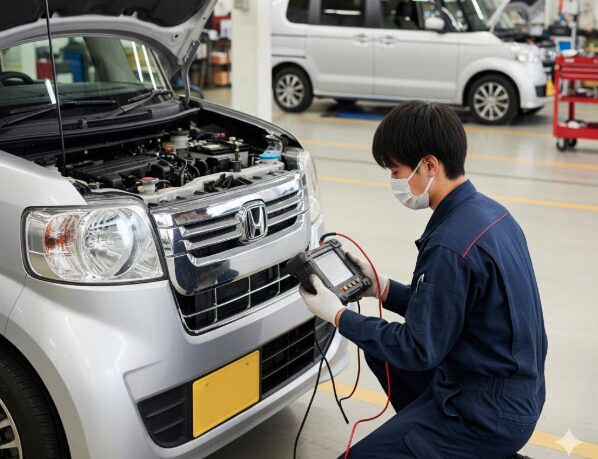 自動車整備工場でメカニック(日本人)がN-BOXのボンネットを開け診断ツールを用いて故障箇所を専門的に点検している様子