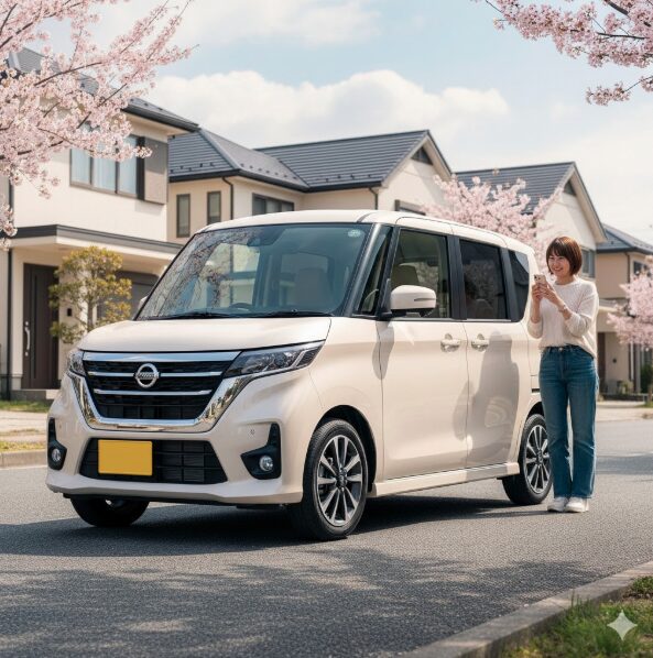 桜並木の住宅街で、フローズンバニラパールのルークスをスマートフォンで撮影する笑顔の日本人女性。