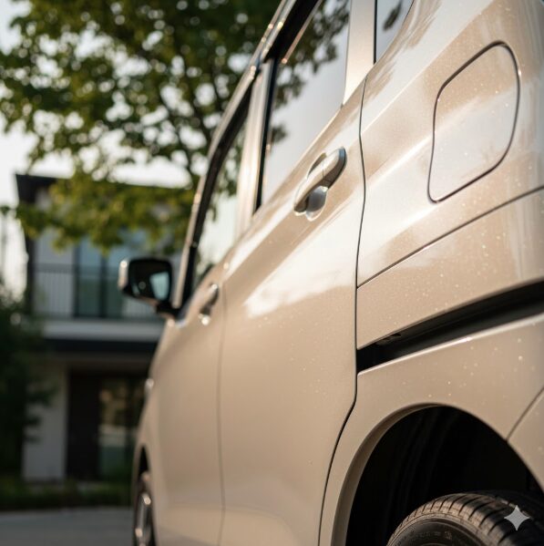 夕日が当たるフローズンバニラパールのルークスの側面。パール塗装の微細な輝きが確認できる。