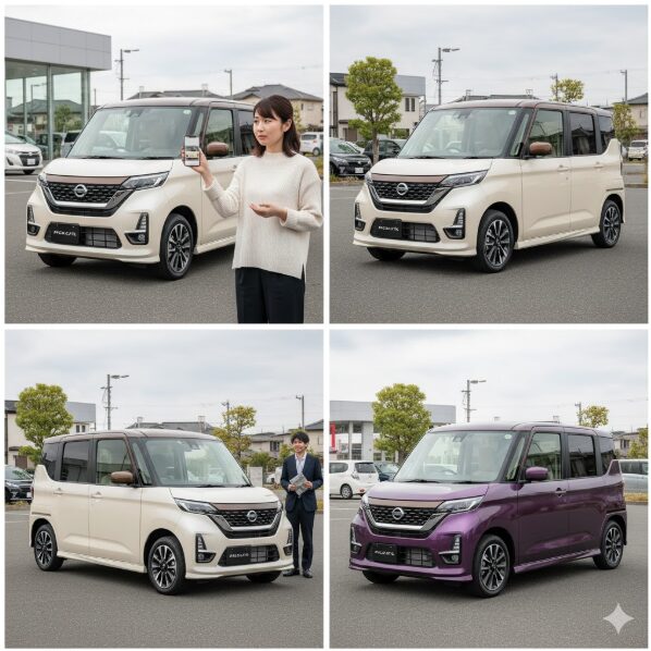 ディーラーの屋外で、スマートフォンに表示された画像と実際のルークスのボディカラーを見比べる日本人女性。ツートンカラーのルークスも映っている。