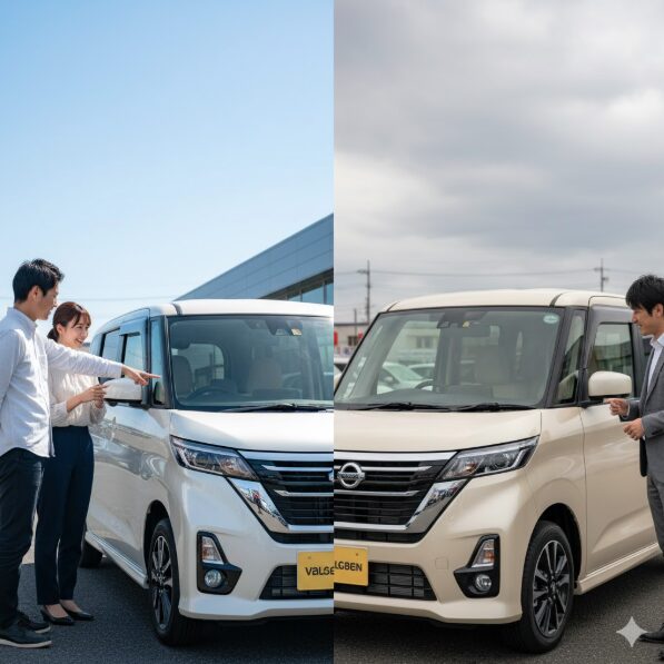 晴天と曇天の屋外で、フローズンバニラパールのルークスの色味を比較検討する日本人カップルとディーラーの担当者。