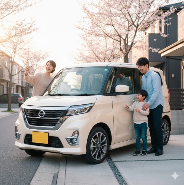 フローズンバニラパールのルークスと、笑顔で自撮り(セルフィー)をする日本人家族(父・母・男の子)。