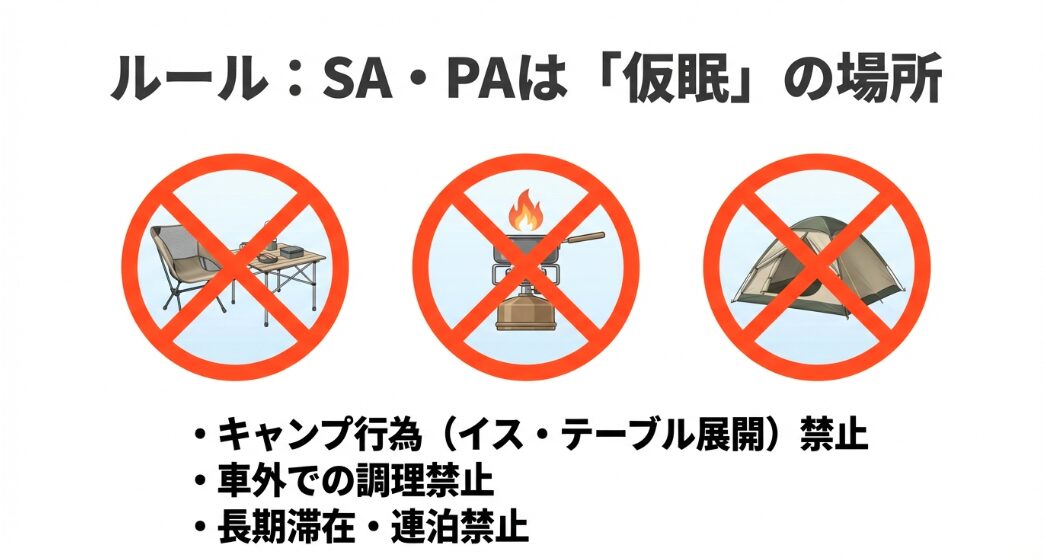 SA・PAでのキャンプ行為禁止や火気厳禁などの車中泊マナー