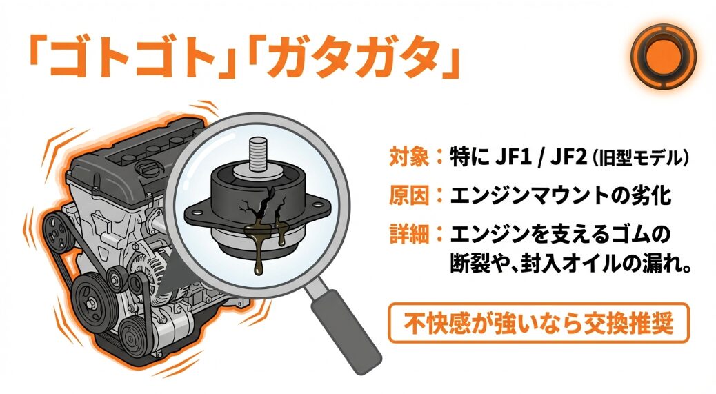 エンジンマウントのゴム断裂やオイル漏れによりゴトゴト音が発生する様子を示した図