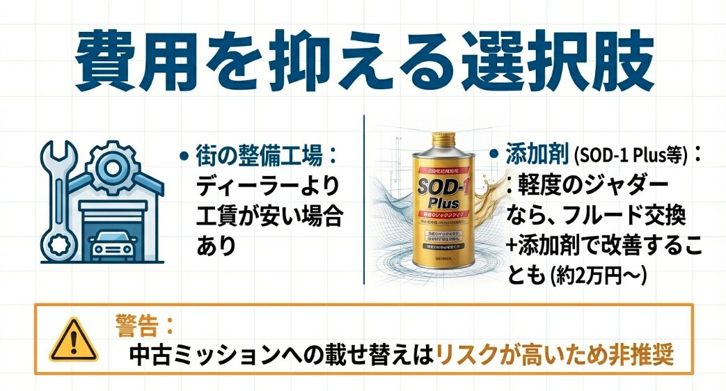 整備工場のイラストと添加剤「SOD-1 Plus」の画像。ディーラー以外での修理や添加剤の使用で費用を抑える選択肢を紹介。