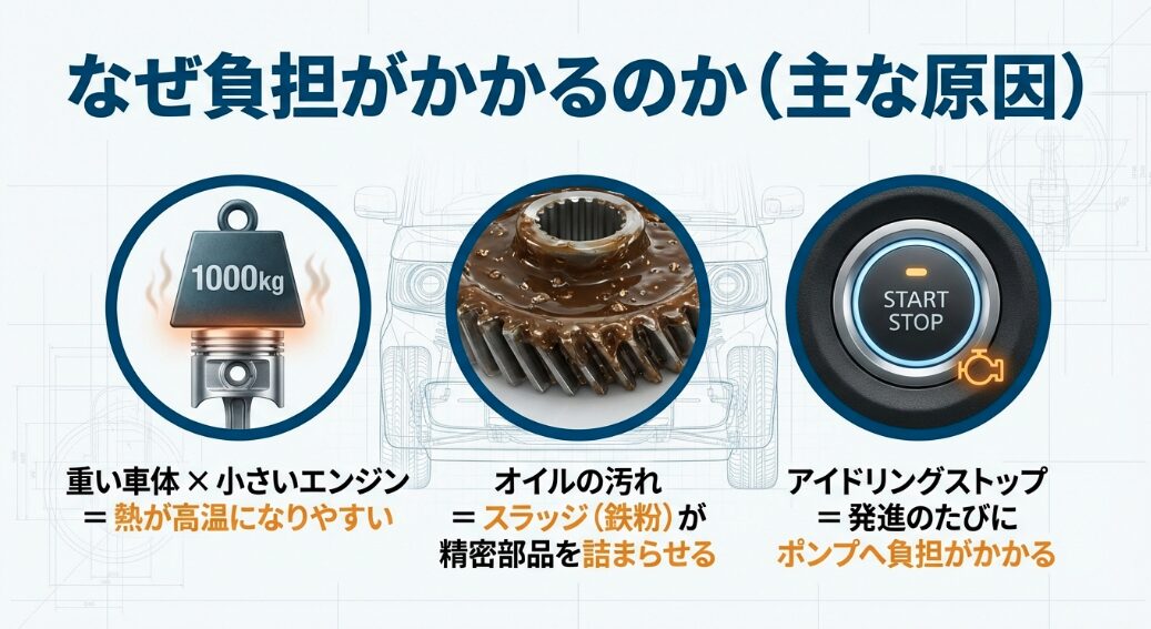 1000kgの重い車体、アイドリングストップによるポンプへの負荷、オイル汚れ(スラッジ)がミッション故障の原因であることを示す図解。