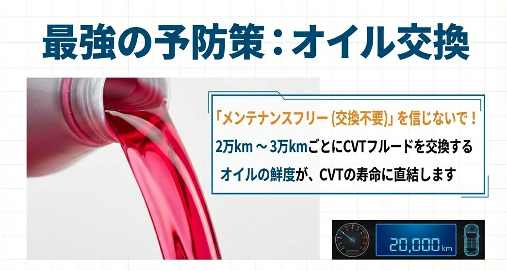 CVTフルード交換の重要性を説く画像。2万kmから3万kmごとのオイル交換が最強の予防策であることを示す。