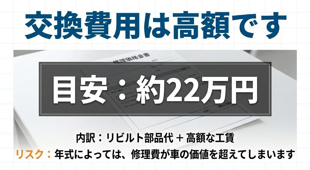 修理見積書のイメージ画像。N-BOXのミッション交換費用として約22万円が高額な目安であることを示すスライド。