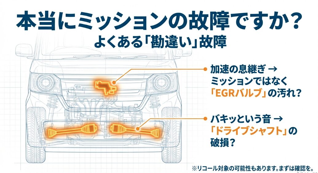 N-BOXのエンジンルーム透視図。ミッション故障と誤認されやすい「EGRバルブ」と「ドライブシャフト」の配置場所を示したイラスト。