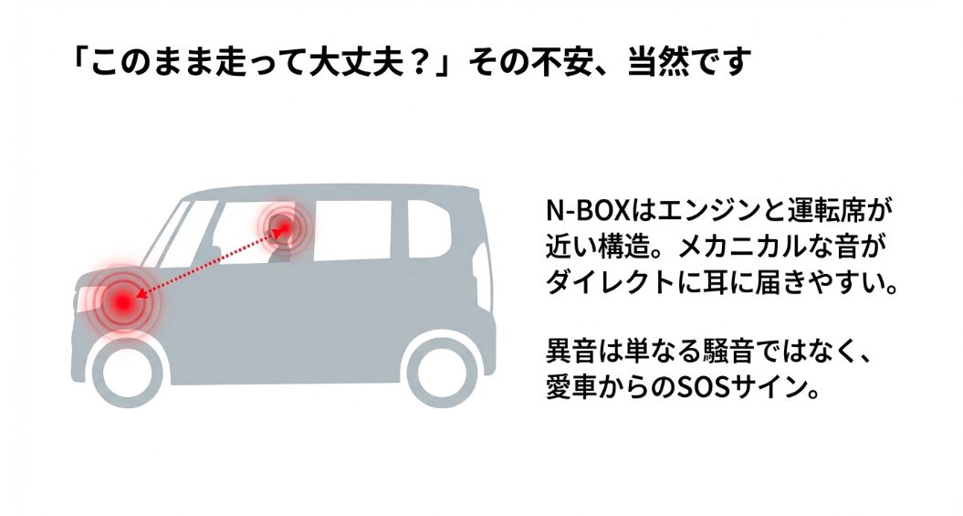 N-BOXはエンジンと運転席が近い構造のため異音が聞こえやすいことを示す図解