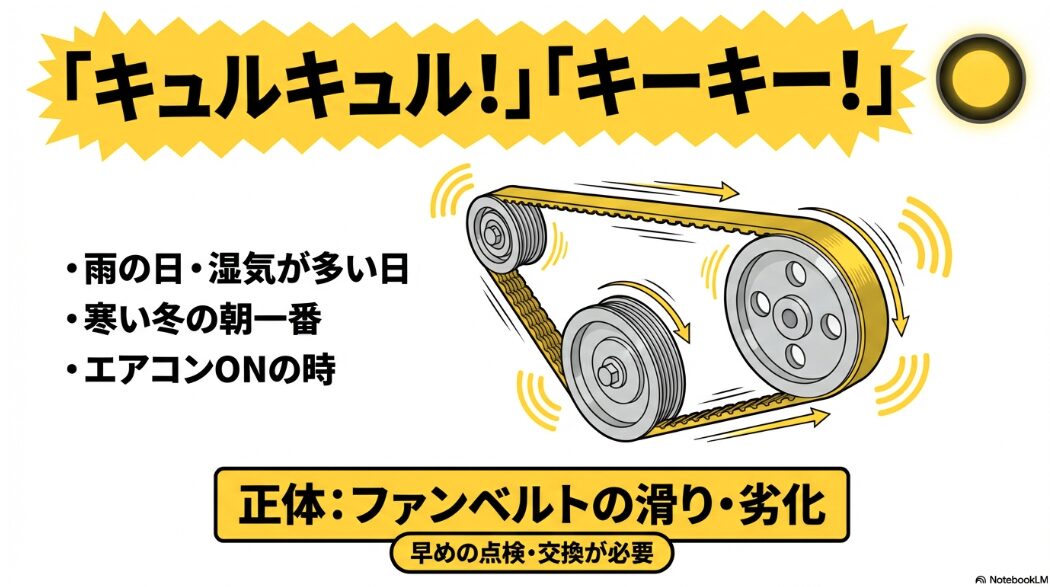 劣化して滑っているファンベルトのイラストとキュルキュル音が発生する条件(雨の日・冬の朝)