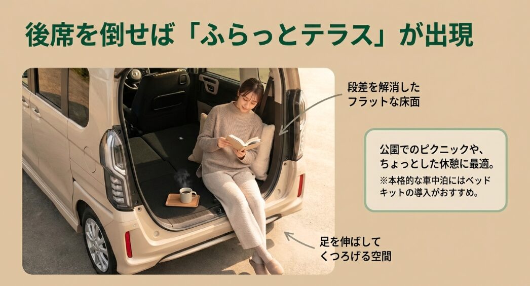 N-BOX JOYのシートアレンジ「ふらっとテラス」。段差を解消したフラットな床面でくつろぐ様子