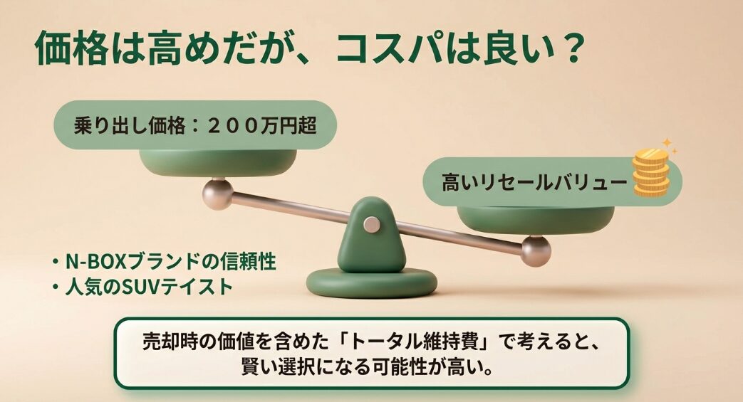 N-BOX JOYの価格と資産価値の解説。高いリセールバリューによりトータル維持費で賢い選択になる理由