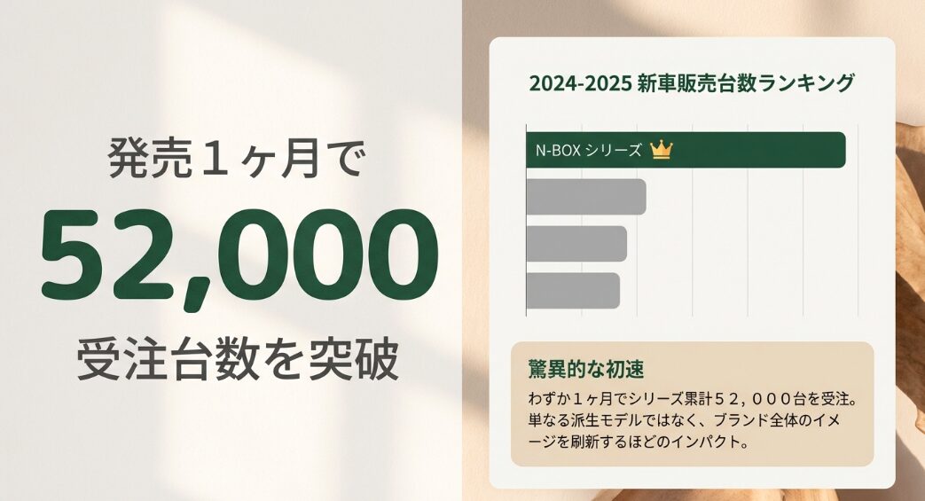 N-BOX JOYの受注実績グラフ。発売1ヶ月でシリーズ累計52,000台を突破し驚異的な初速を記録