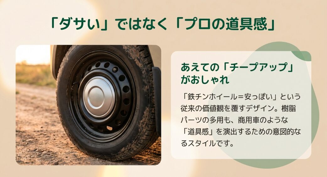 N-BOX JOYのスチールホイール（鉄チン）。安っぽさではなく「プロの道具感」を演出するあえてのデザイン意図