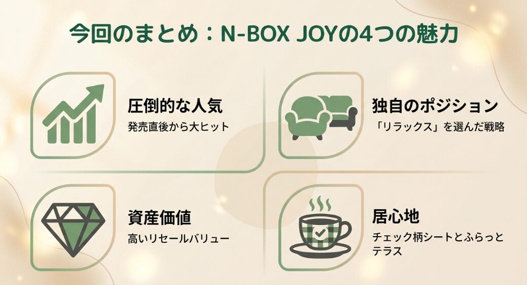 N-BOX JOYの魅力まとめ。圧倒的な人気、独自のポジション、高い資産価値、居心地の良さの4つのポイント