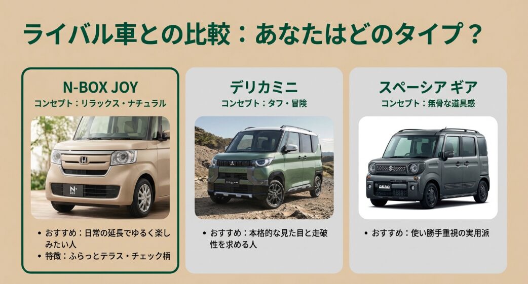 軽スーパーハイトワゴン3車種（N-BOX JOY、デリカミニ、スペーシアギア）のデザインコンセプトとターゲット層の比較