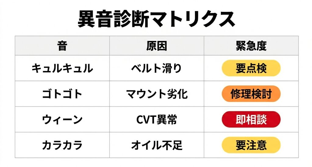 種類(キュルキュル・ゴトゴト・ウィーン等)ごとの原因と緊急度をまとめた一覧表