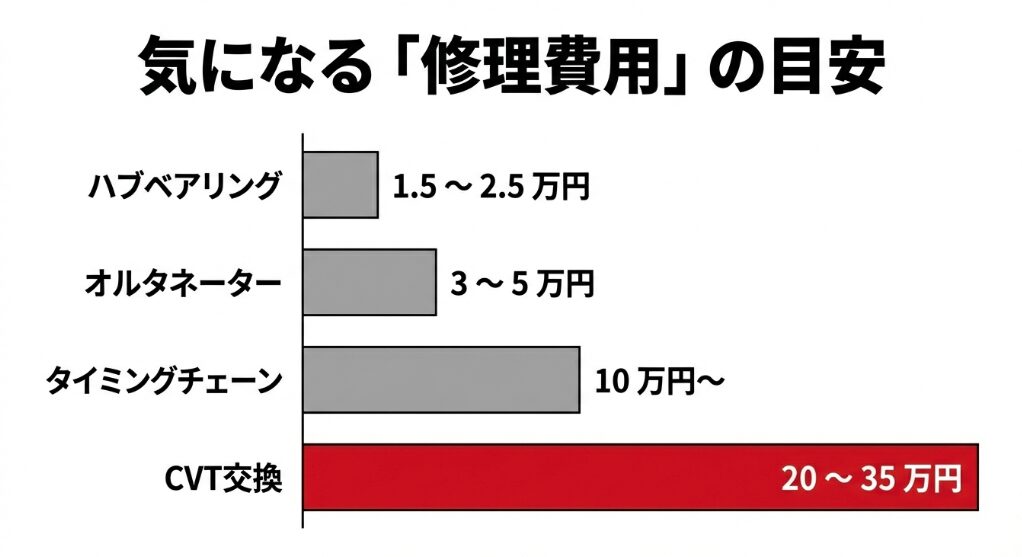 ハブベアリング・オルタネーター・タイミングチェーン・CVT交換の修理代相場を比較した棒グラフ