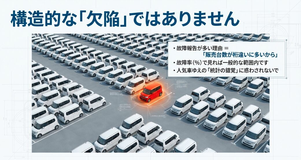 大量のN-BOXが並んでいる画像。販売台数が多いために故障報告が多く見える「統計の錯覚」であり、構造的欠陥ではないことを解説する図。