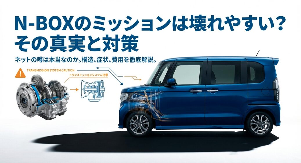 N-BOXの車体透視図とトランスミッション(CVT)の内部構造イラスト。ミッション故障の噂と真実についての解説スライド。