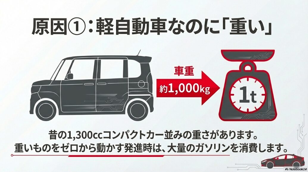 軽自動車ながら約1トンの車重があり発進時に燃料を消費するイメージ図