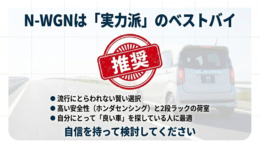 N-WGNは安全性や荷室機能に優れた「実力派」のベストバイであり、自分にとって良い車を探している人に最適であると推奨するスライド