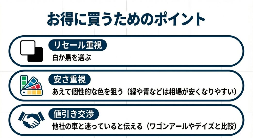 リセール重視の白黒、安さ重視の個性的な色の選び方や、他社車と比較する値引き交渉のポイントをまとめたスライド