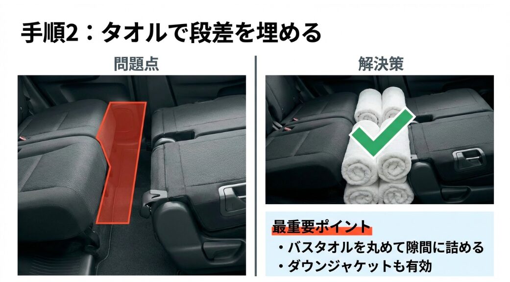 丸めたバスタオルを使ってシートの段差を埋める方法