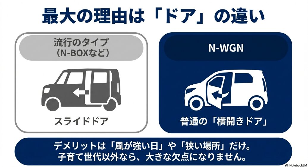 流行のスライドドアとN-WGNの普通の横開きドアを比較し、子育て世代以外なら大きな欠点にならないことを示すイラスト付きスライド
