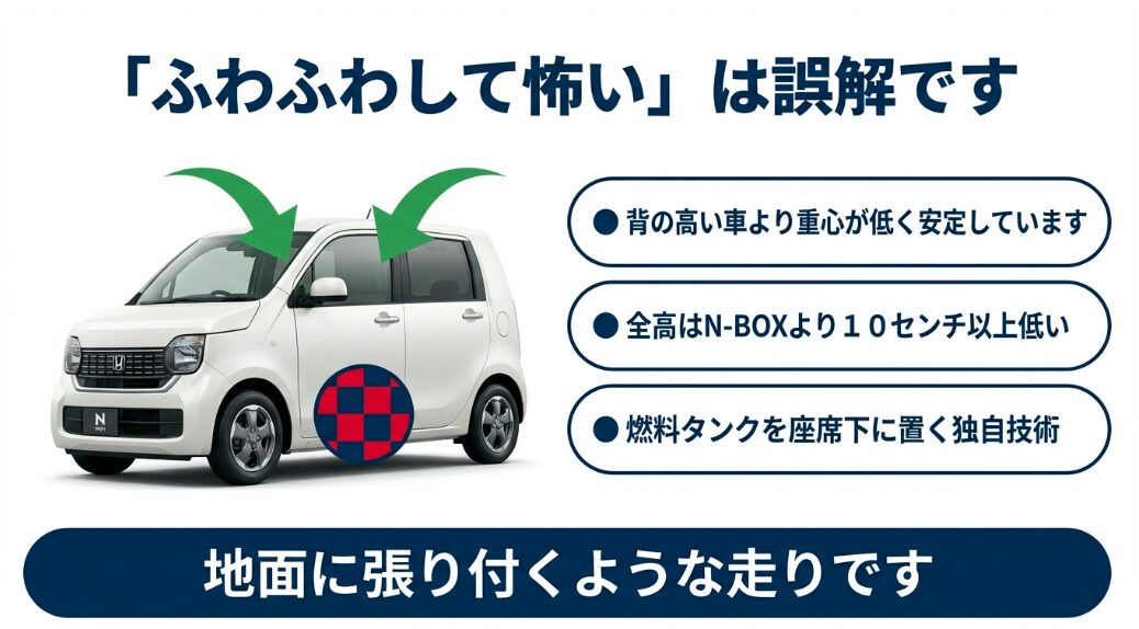 N-BOXより全高が10センチ以上低く、燃料タンクを座席下に置く独自技術により、重心が低く安定して地面に張り付くような走りであることを解説するスライド