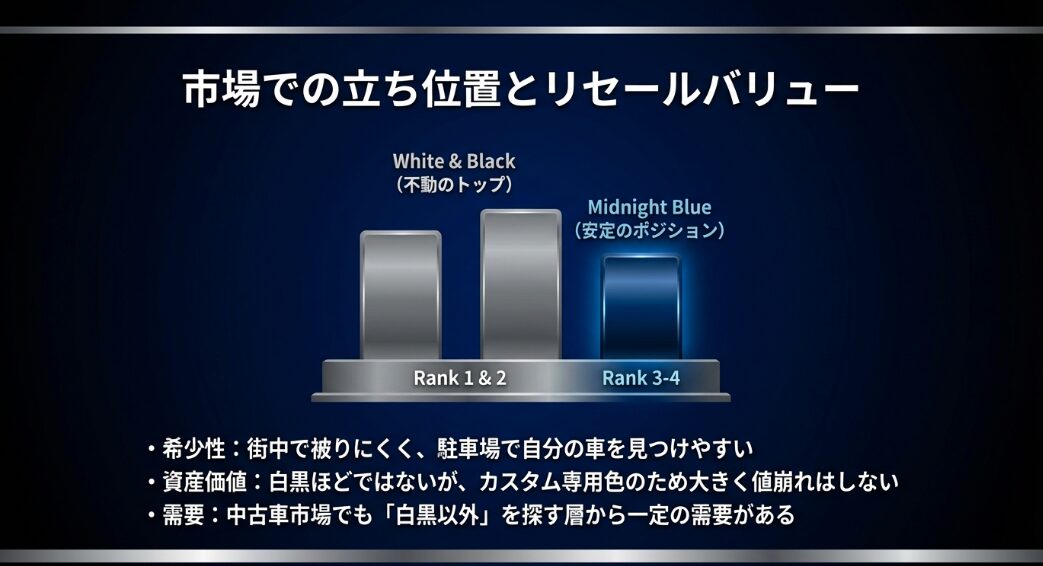 N-BOXの人気色ランキング。白と黒がトップで、ミッドナイトブルーは安定した中位ポジションにあることを示すグラフ