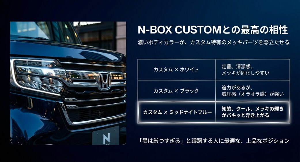 N-BOXカスタムのフロントグリル。ミッドナイトブルーのボディによりメッキパーツの輝きが際立っている様子