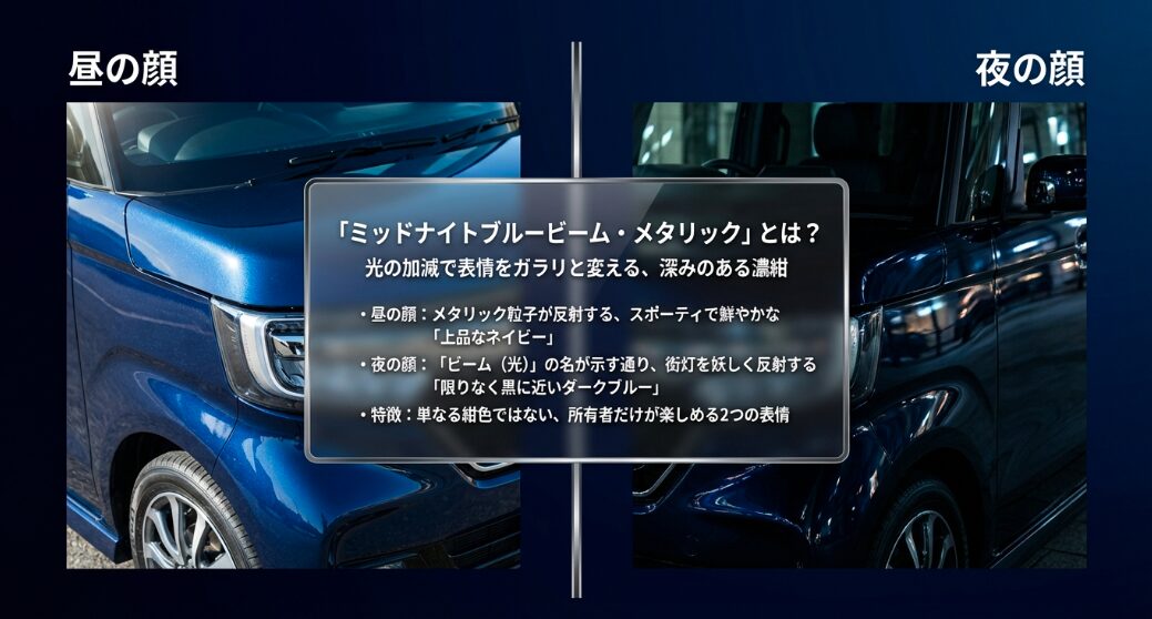 N-BOXミッドナイトブルービーム・メタリックの昼のネイビー色と夜のダークブルー色の比較解説図