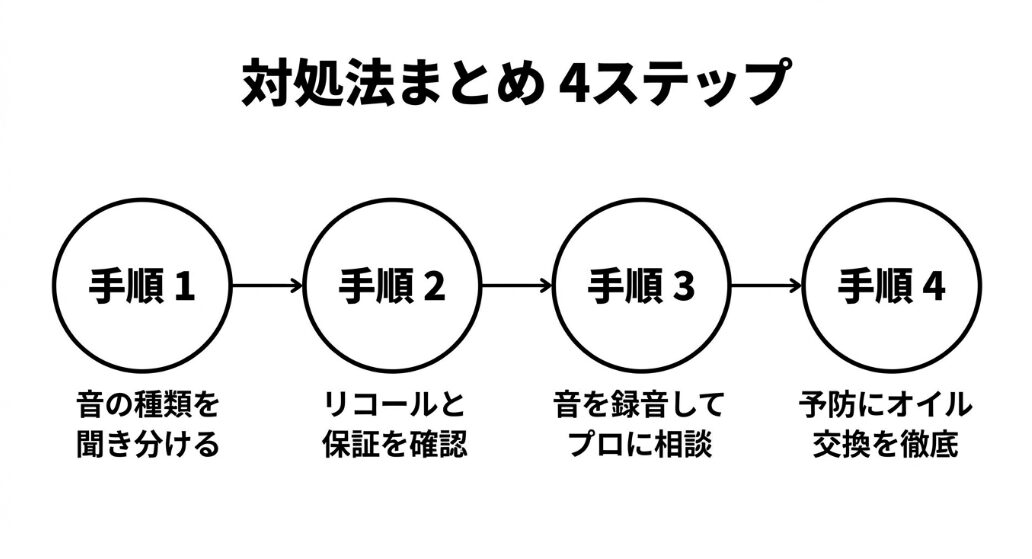 音の聞き分け・リコール確認・録音・オイル交換の4手順を示したフローチャート