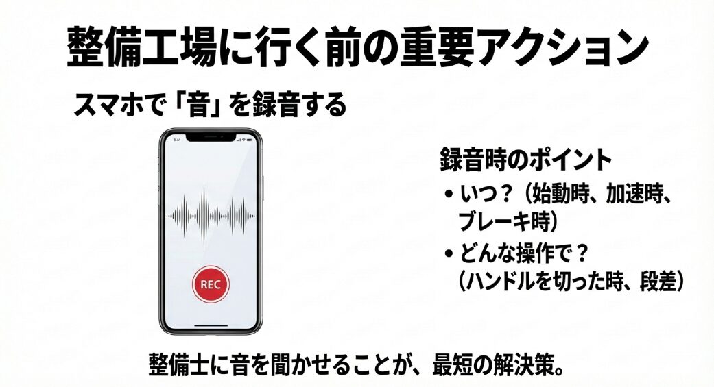 整備工場に行く前にスマホで異音を録音することの重要性とポイントを示したスマホ画面の図