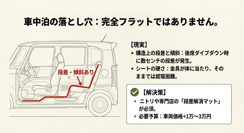 N-BOX JOYのシートを倒した際に生じる段差と傾斜の断面図解