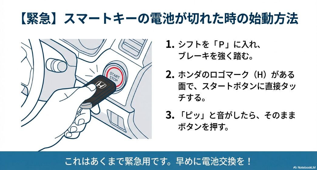 ホンダロゴをスタートボタンにかざしてエンジンをかける緊急始動方法