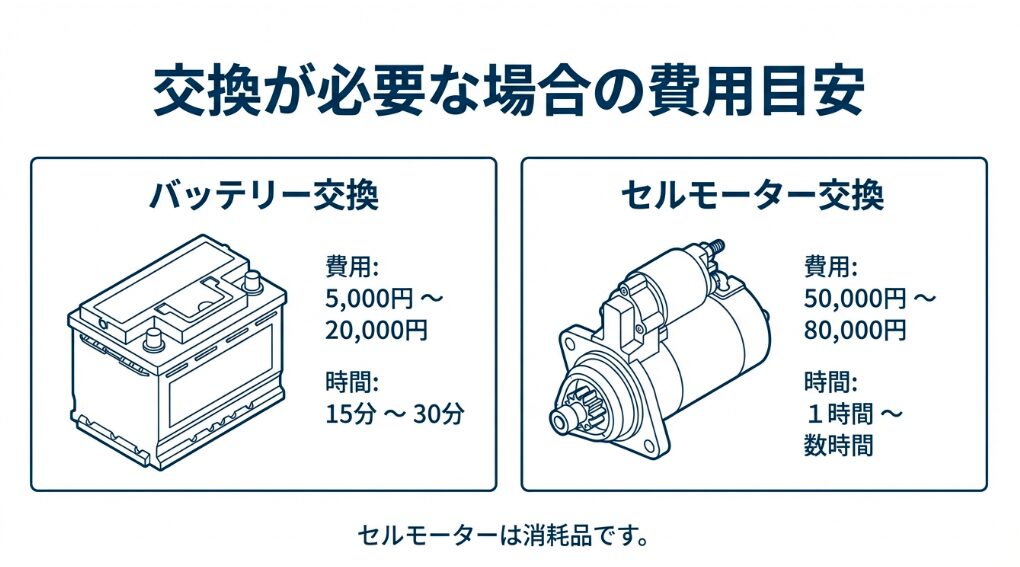 バッテリー交換とセルモーター交換の費用と作業時間の目安