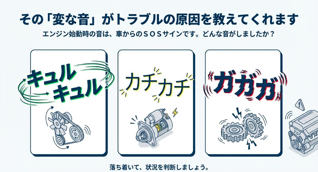 キュルキュル、カチカチ、ガガガというエンジン始動時の異音イメージ
