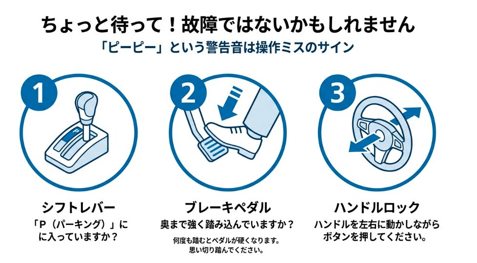 シフトレバーP、ブレーキ踏み込み、ハンドルロックの解除方法