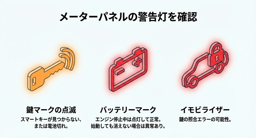 鍵マーク、バッテリーマーク、イモビライザー警告灯の意味