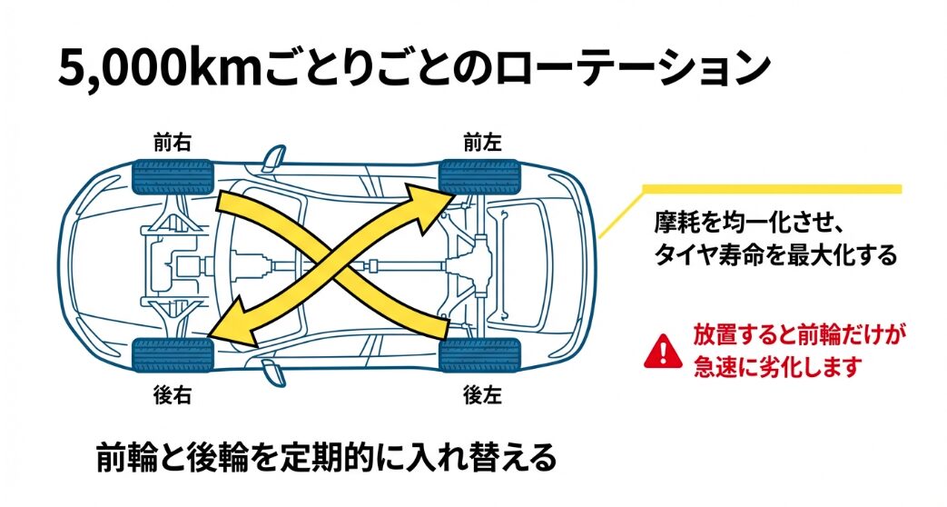 前輪と後輪をクロスして入れ替えるタイヤローテーションの方法図解