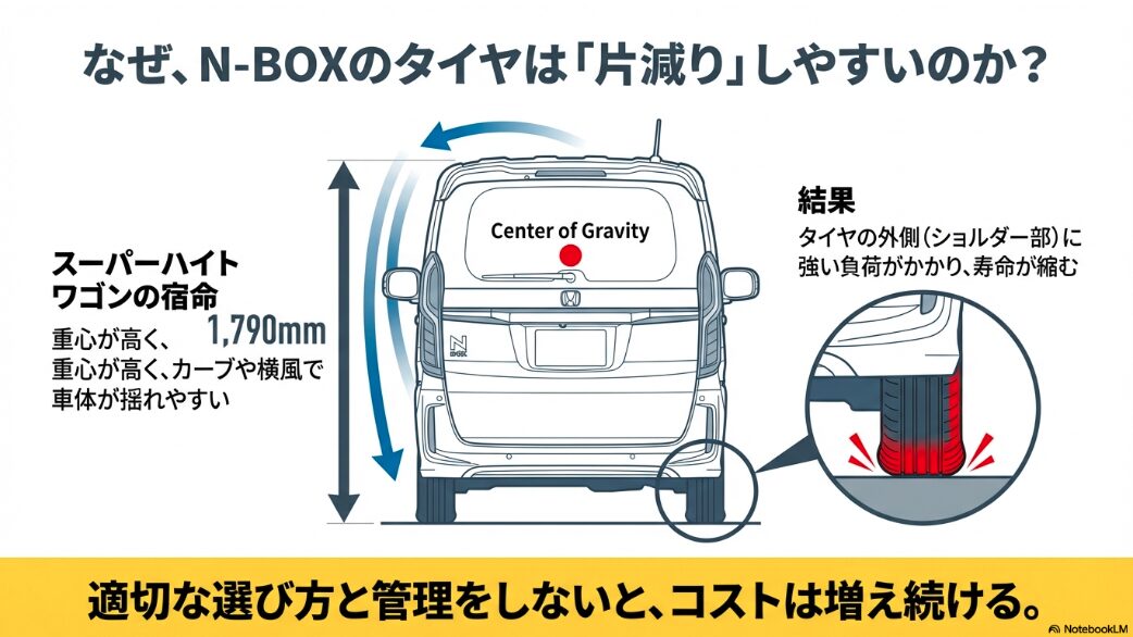 スーパーハイトワゴンの重心の高さがタイヤ外側に負荷をかける偏摩耗のメカニズム図解