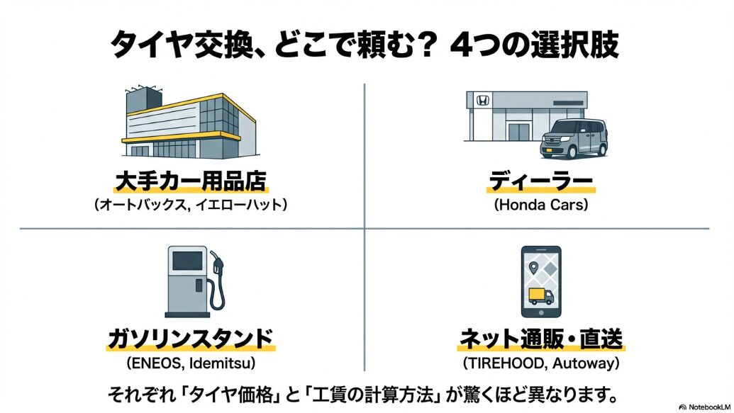 カー用品店、ディーラー、ガソリンスタンド、ネット通販の4つのタイヤ交換依頼先比較