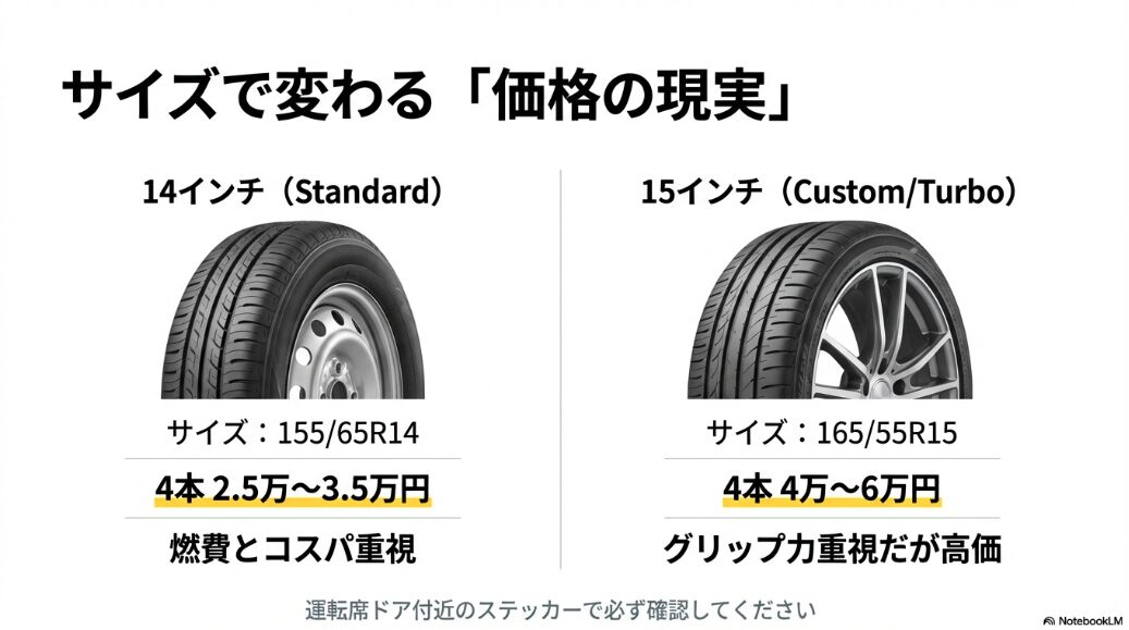 14インチと15インチのタイヤ価格差と性能の違いを比較した図