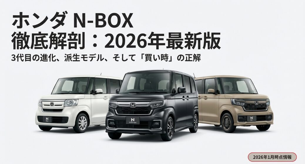 ホンダN-BOX、N-BOXカスタム、N-BOX JOYの3台が並んだ2026年最新ラインナップ画像