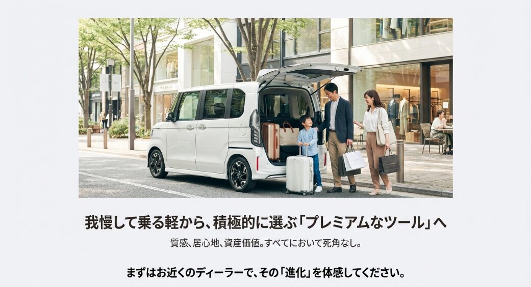 街中で荷物を積み込む家族とN-BOXのある風景